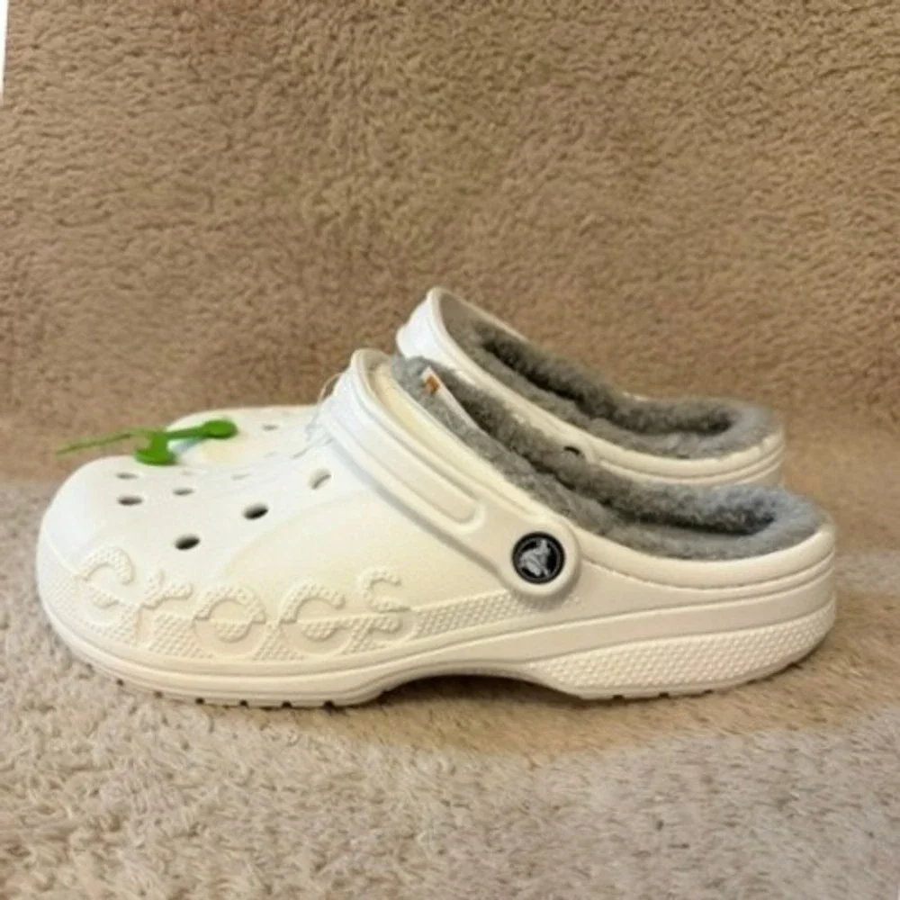 Crocs Baya‎ Lined Clogs White Grey Mens Size 10 Fleece Fur Slippers 205969-11H